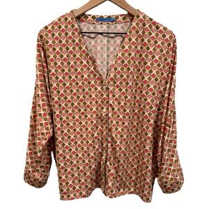 J. McLaughlin Retro Button Down V Neck Dolman Sleeve Geometric Stretch Blouse- L